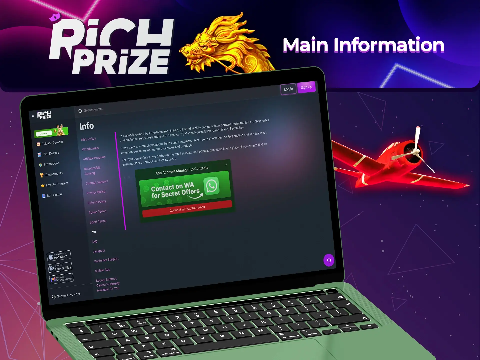 Richprize is a high class casino with instant payouts and big bonuses to slots and games with real dealers.