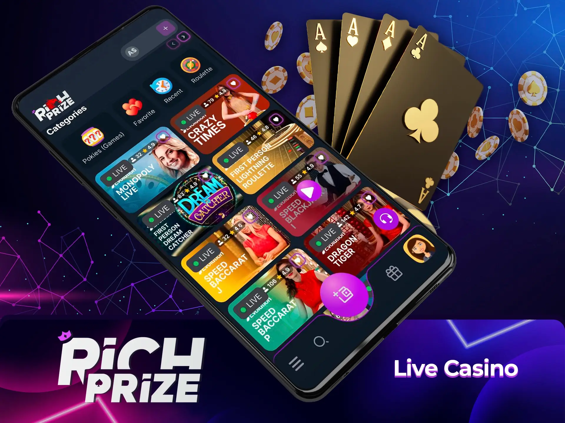 Compete and show off your skills when playing with real dealers at Richprize Casino.