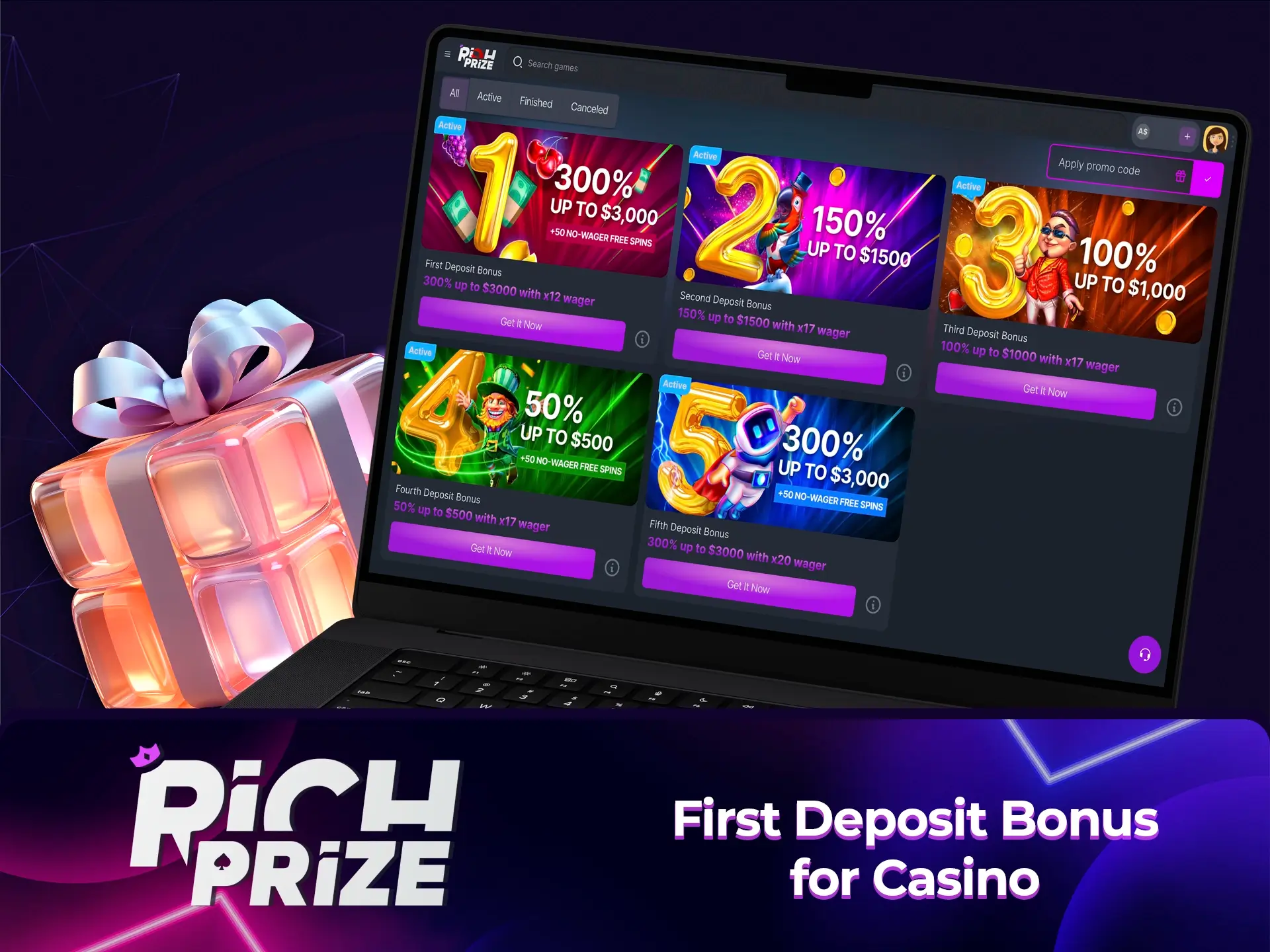 Make your first deposit to claim a hefty welcome bonus from Richprize.