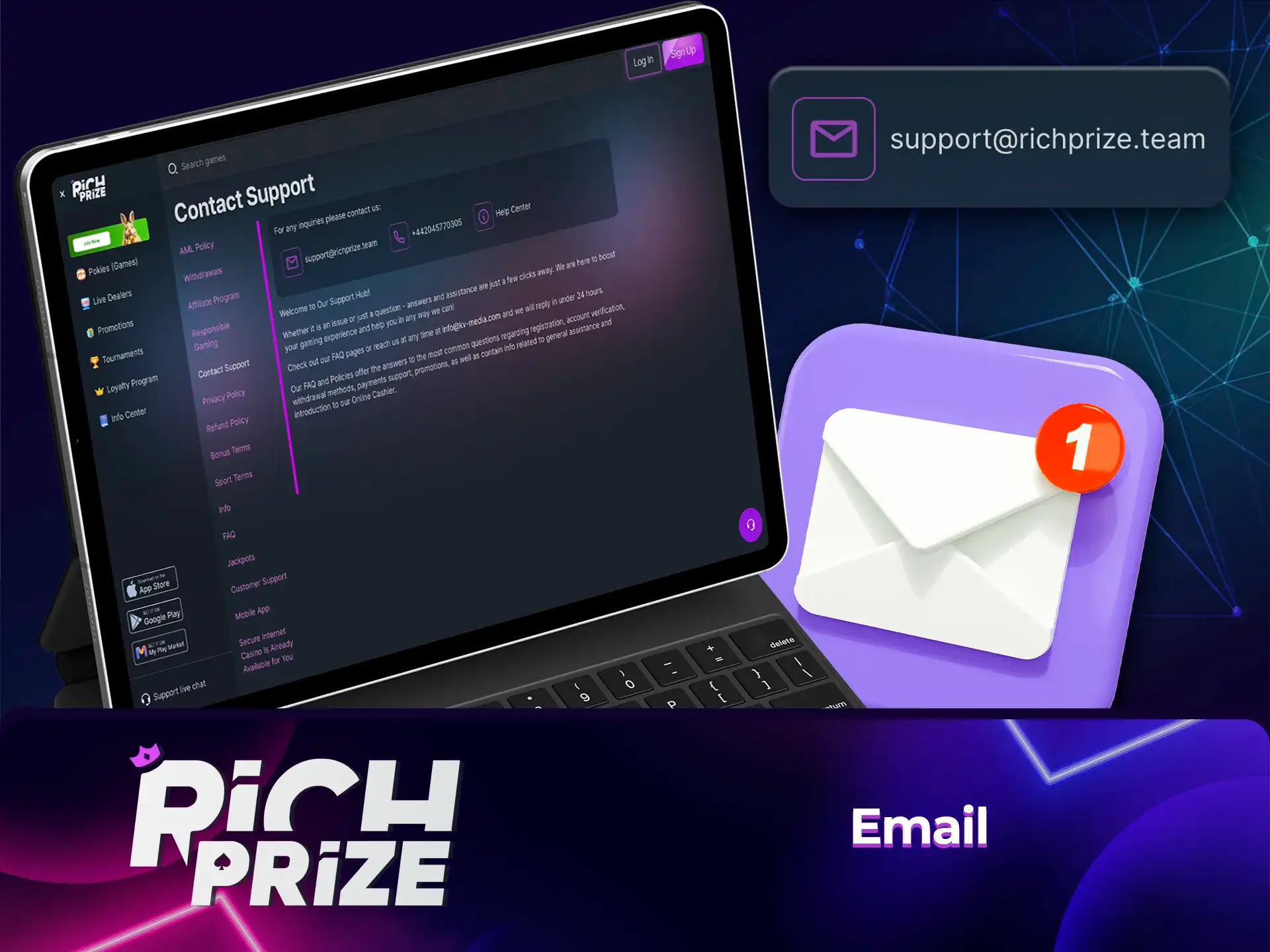 In case of any problems, you can contact Richprize Casino support via email.