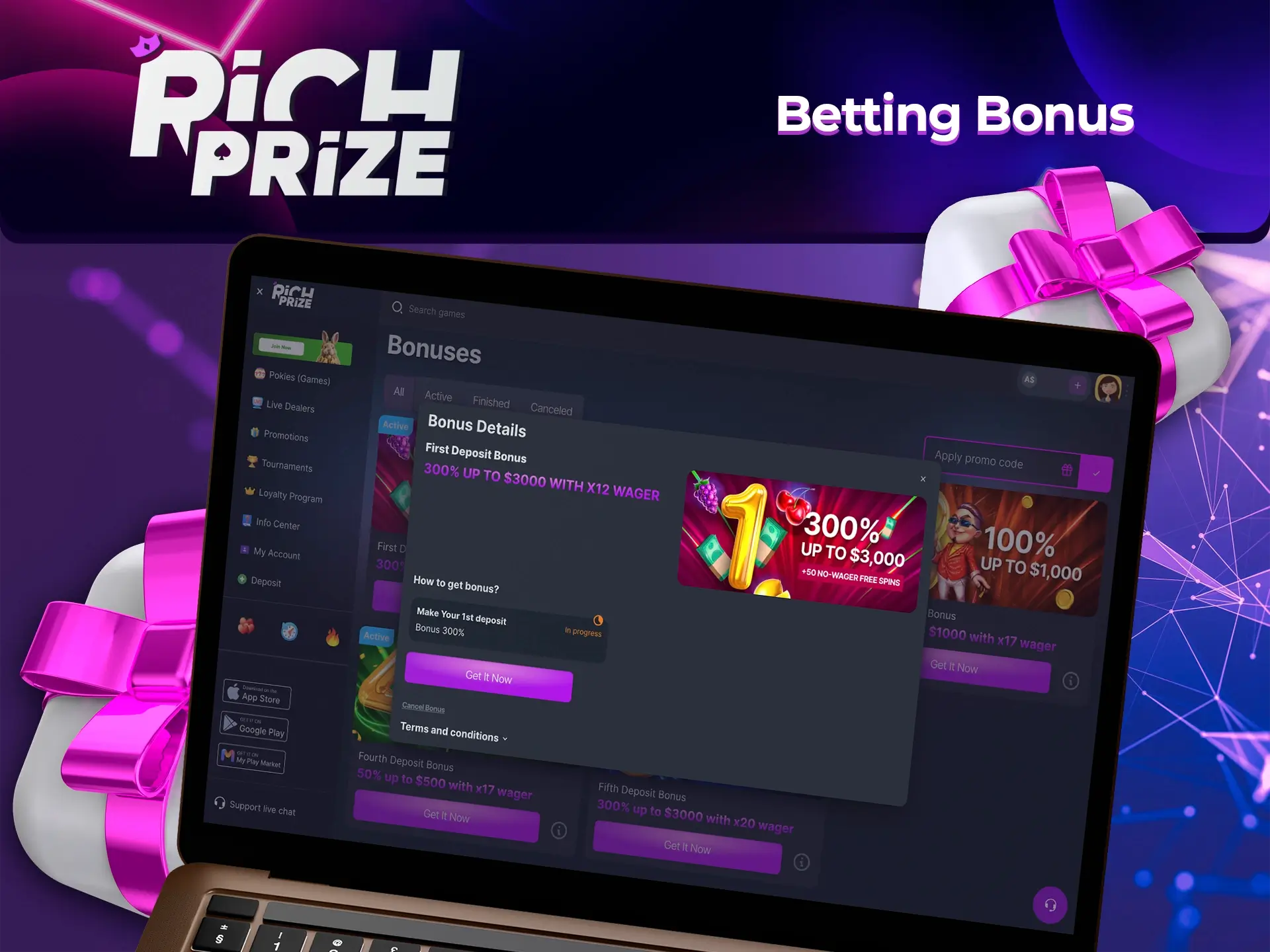 Sports fans can bet on virtual championships using Richprize's bonus programme.