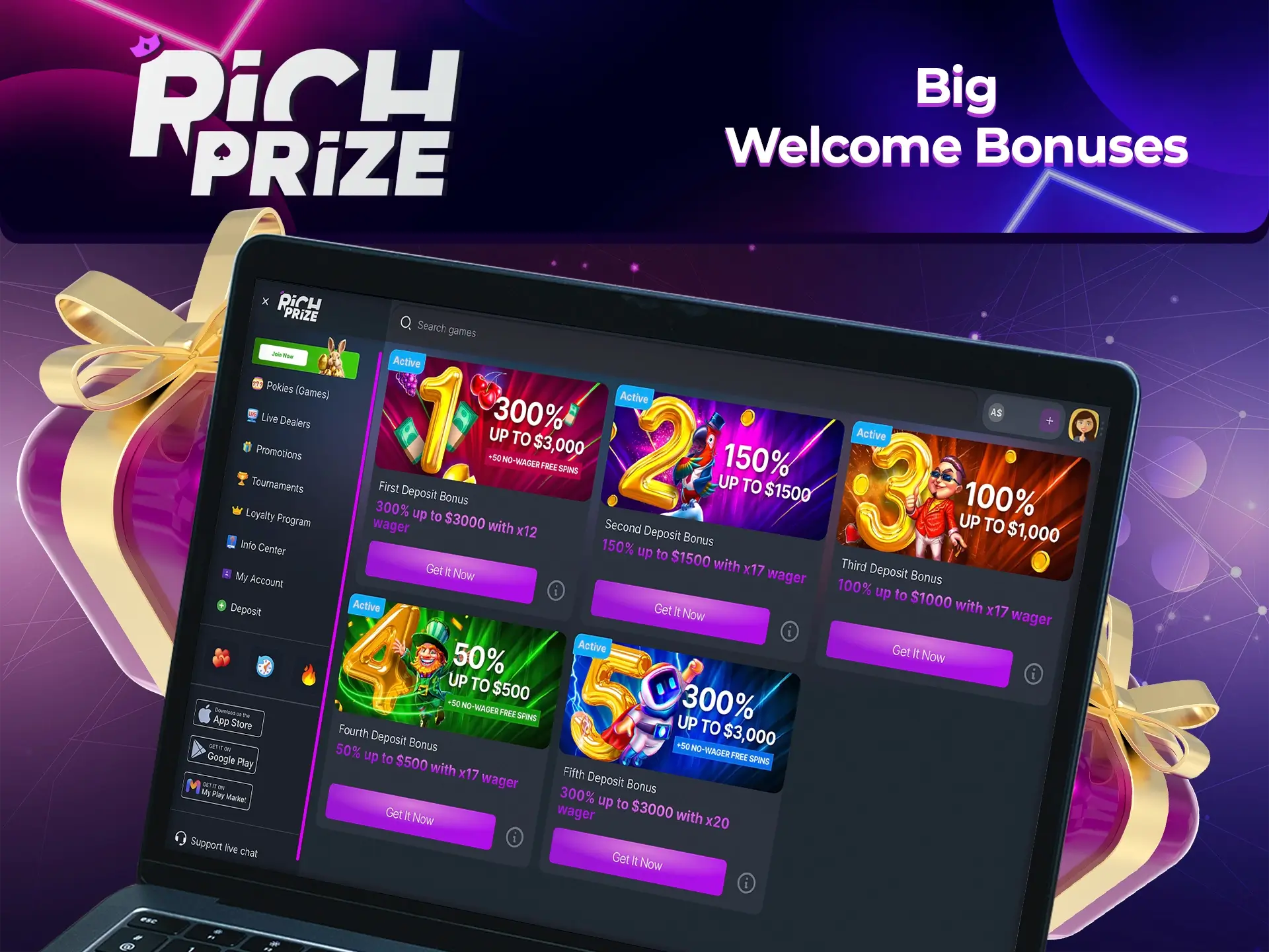 Richprize is a casino with a large welcome bonus that will help anyone to understand and gain gambling experience.