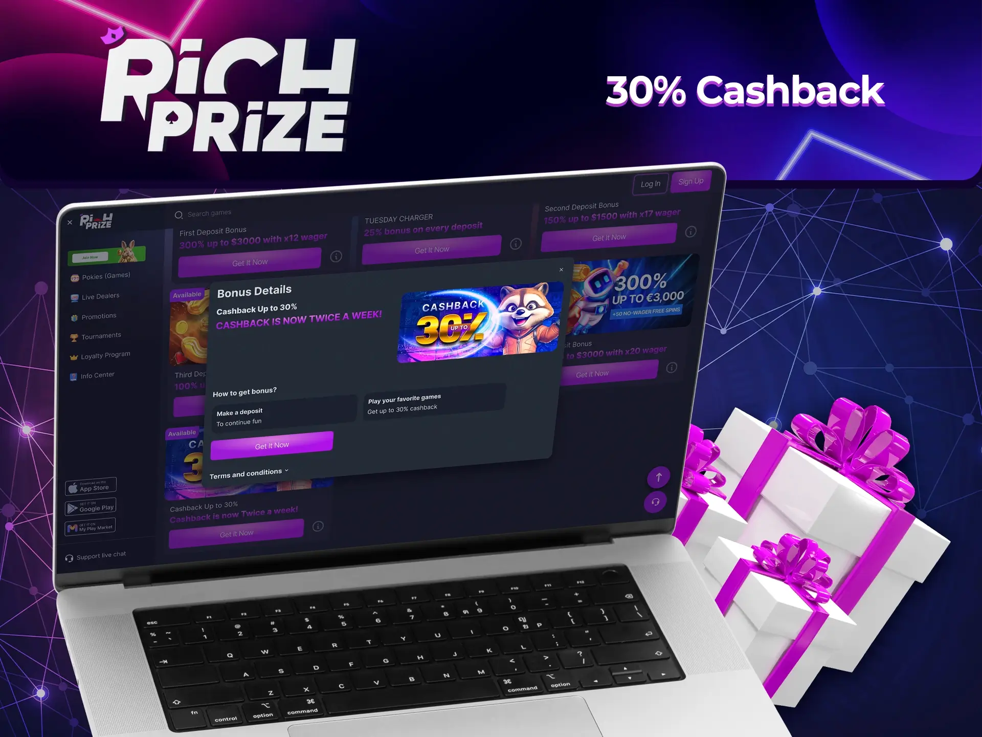 Play and don't be afraid of losing because Richprize Casino gives you a unique cashback as soon as you sign up for an account.