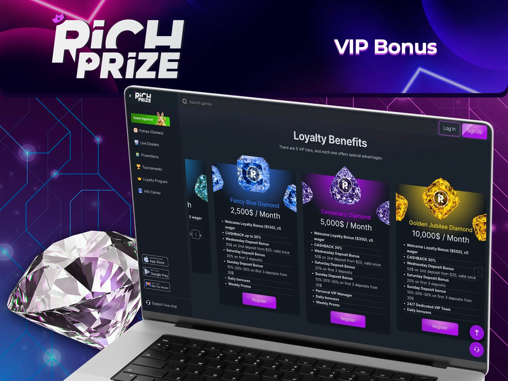 Upgrade your account by playing slots and topping up your accounts to receive big new bonuses from Richprize.